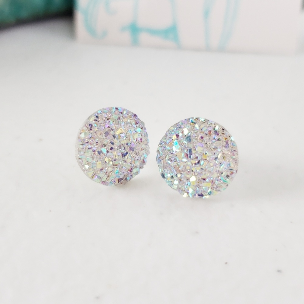 Iridescent Acrylic Druzy Stud Earrings - Picture 2 of 6